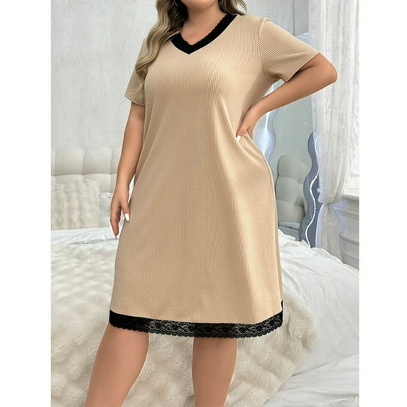 Feancey Lace Plus Size Nightgowns for Women Solid Color Loose Sleep Dress Summer Short Sleeve V Neck Nightdress Soft Casual Loungewear Summer Sale Khaki 3XL