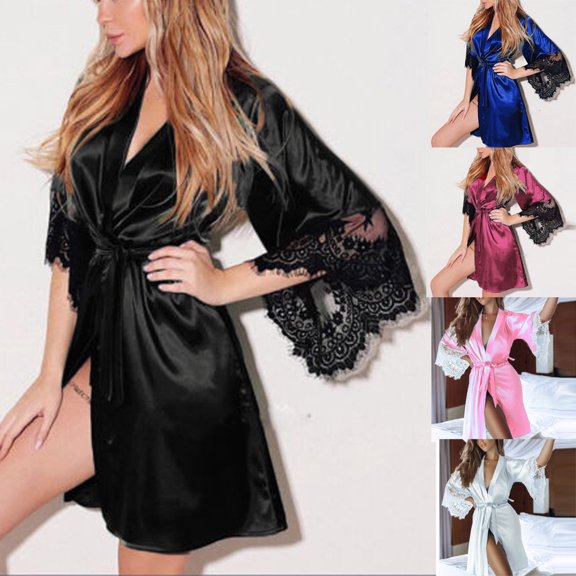 Feancey Lace Robes for Women Satin Silk Kimono Bathrobe Bride Cozy Short Belted Nightgown Bridesmaid Soft Lightweight Sleepwear Holiday Gifts