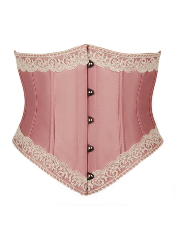 Lace Trim Corset Tops for Women Underbust Bustier Halloween Vintage Strapless Waist Trainer Dressy Elegant Tie Back Bustiers & Corsets Pink S