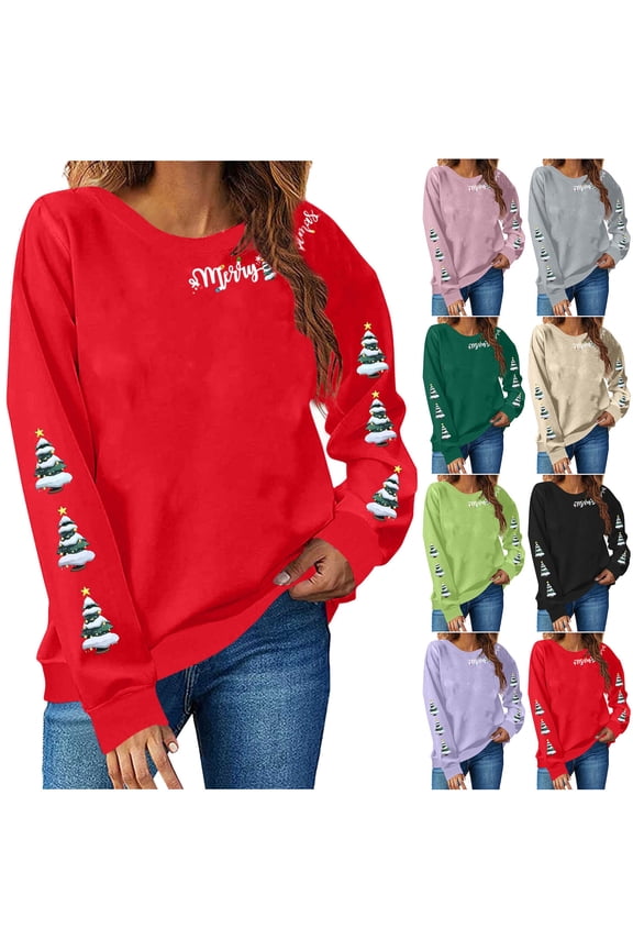 Ladies Christmas Sweatshirts Trendy Xmas Tree Print Crewneck Pullover Tops Holiday Casual Long Sleeve Shirt Soft Fleece Sweatshirt Black S