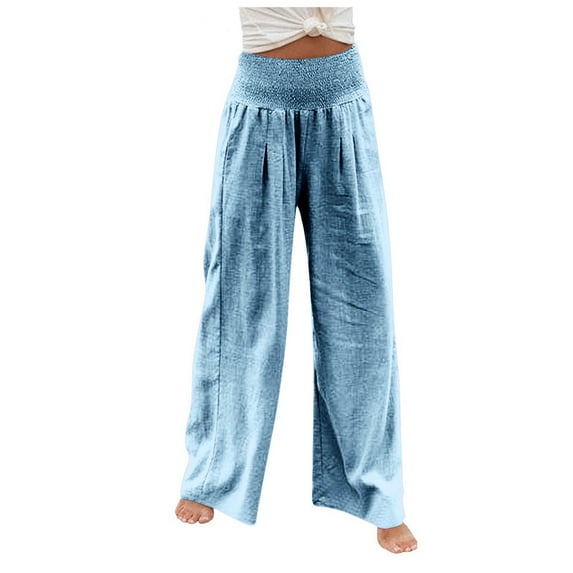Feancey Ladies Palazzo Pants Dressy,Women Linen Palazzo Pants Summer Casual Loose High Waist Wide Leg Long Lounge Pant Trousers with Pocket