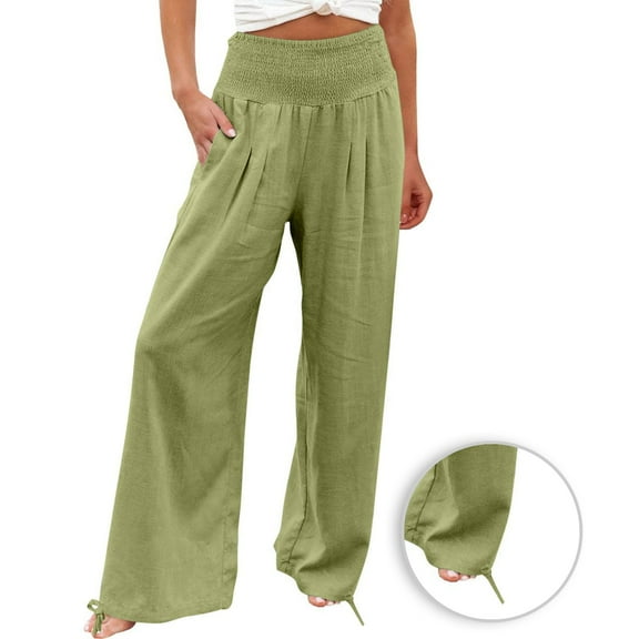 Feancey Ladies Palazzo Pants Dressy,Womens Linen Palazzo Pants Elastic Smocked High Waist Wide Leg Beach Lounge Pants Trousers with Pockets