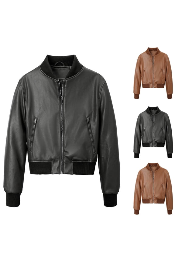 Leather Bomber Jackets for Women Full Zip Casual Cropped Bike Coats Lightweight Fashion Motocycle Jacket with Pockets Black S