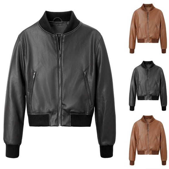 Feancey Leather Bomber Jackets for Women Full Zip Casual Cropped Bike Coats Lightweight Fashion Motocycle Jacket with Pockets Brown S