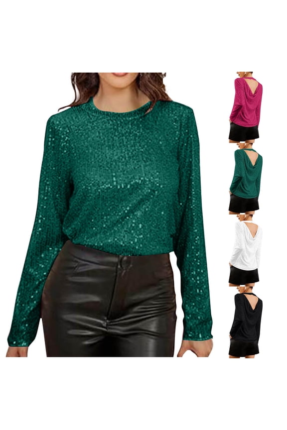 Women's Sequin Dressy Tops Sparkly Glitter Long Sleeve T Shirts Cocktail Party Backless Elegant Tunics Round Neck Loose Shiny Blouse White XL
