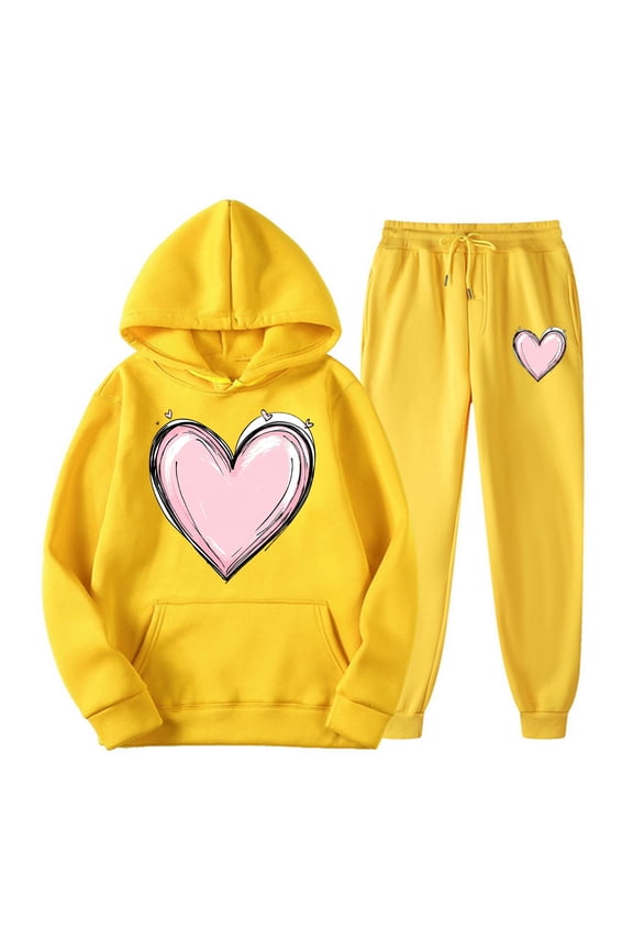 Women's Jogging Suits Sets Trendy 3D Heart Print Hoodie and Drawstring Sweatpants Matching Set Valentines Day Cute Soft Jogger Tracksuit Outfits Orange M