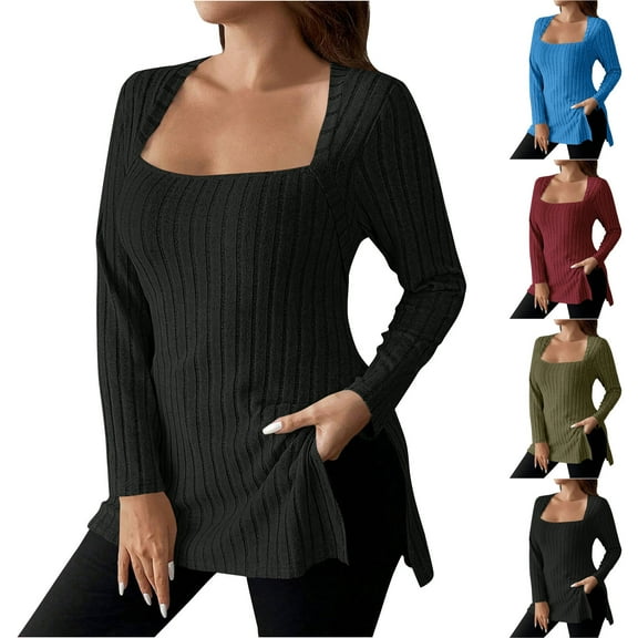 Feancey Womens Ribbed Knit Tops Square Neck Long Sleeve Tunic Blouses Stretchy Slim Fit Casual Spring T Shirts Lightweight Trendy Pullover Tees Black 4XL