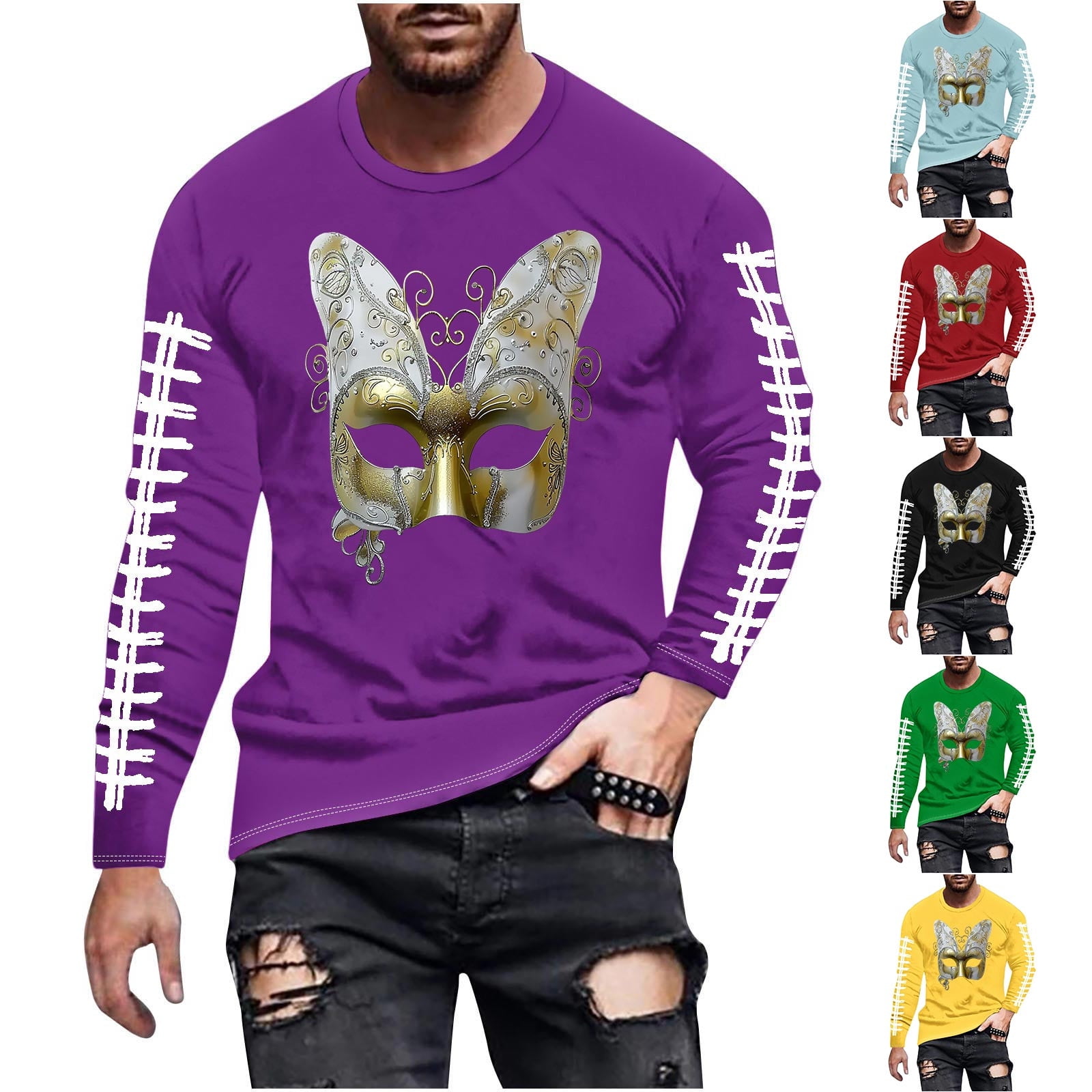 Feancey Lightning Deals Mardi Gras Mens Fashion Long Sleeve T Shirts Novelty Printed Slim Fit 0995