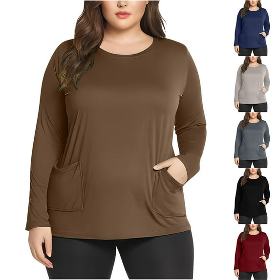 Feancey Plus Size Tops for Curvy Women Oversized Casual Long Sleeve Round Neck Tshirts Soft Comfy Loose Tunic Solid Basic Tees with Pockets Navy L