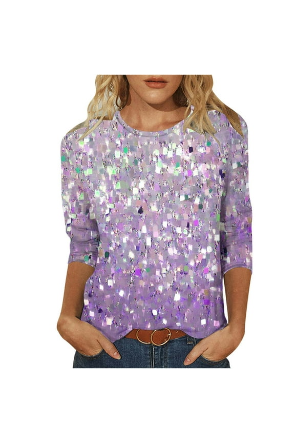 3/4 Length Sleeve Womens Blouse Loose Fit Trendy Sequin Print Tunic Tops Dressy Casual Round Neck Party T Shirts Elegant Tee Shirts for Women Purple M