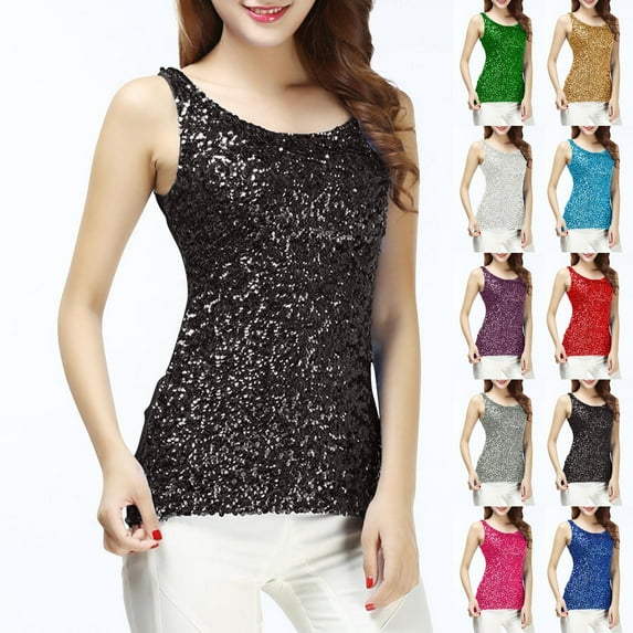 Feancey Fashion Tank Tops for Women Sparkly Sequin Slim Fit Cami Top Spring Going Out Glitter Sleeveless Tanks Tops Trendy Dressy Round Neck Camisole Green XL
