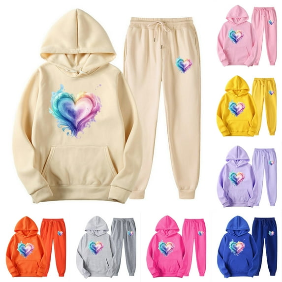 Feancey Sweatsuits for Women Valentines Day Trendy Hoodie 2 Piece Set Teen Girl Cute Casual Heart Print Hooded Pullover and Jogger Pant Sets Blue XL