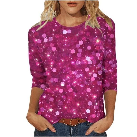 Feancey Womens Tops 3/4 Sleeve Blouses Dressy Casual Round Neck Tunics Loose Fit Trendy Sequin Print T Shirts Spring Summer Fashion Clothes Hot Pink XXL