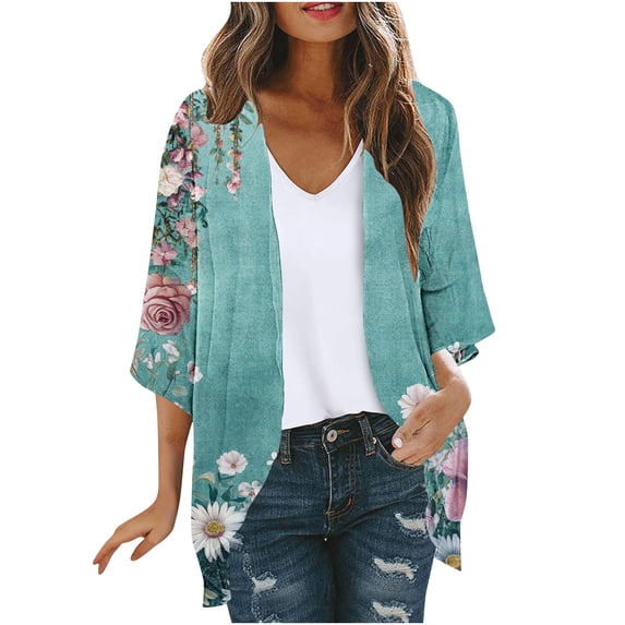 Feancey Lightweight Cardigan for Women 3/4 Sleeve Open Front Kimonos Summer Casual Floral Cardigans Boho Beach Coverups Multicolor-2 S