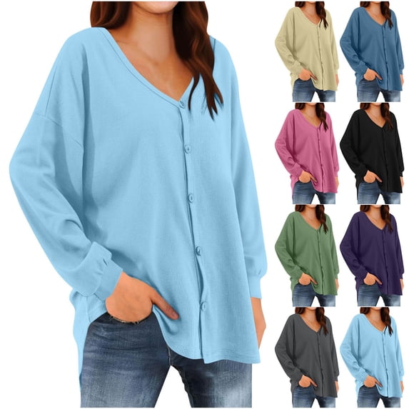 Feancey Lightweight Cardigans for Women Dressy Casual Waffle Knit Cardigan Drop Shoulder Long Sleeve V Neck Button Blouses Black L