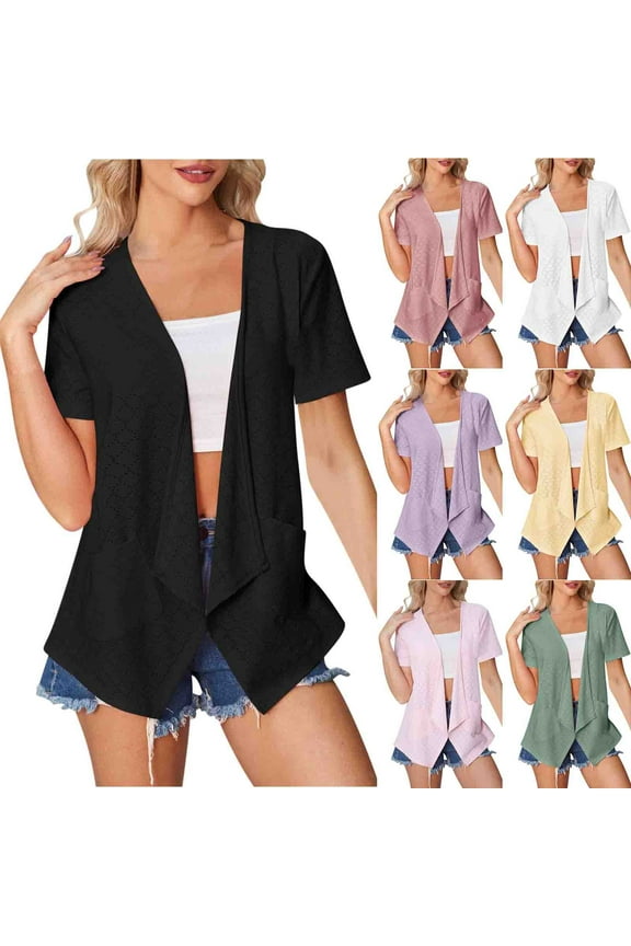 Lightweight Cardigans for Women Short Sleeve Casual Eyelet Blazers Solid Color Trendy Open Front Cardigan Jackets with Pockets Green L