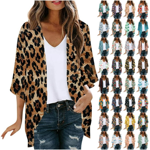 Feancey Lightweight Chiffon Cardigans Women's Floral Print Puff Sleeve Kimono Cardigan Loose Cover Up Open Front Casual Blouse Tops 2025 Summer Savings! Multicolor L