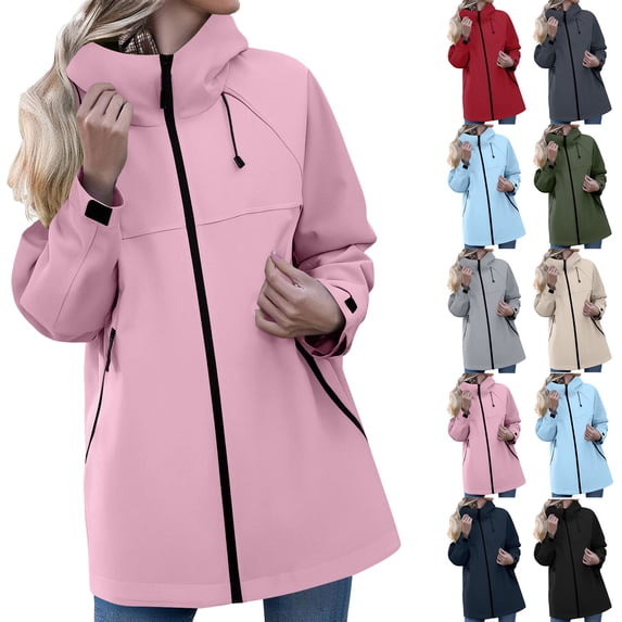 Feancey Lightweight Hooded Jackets for Women Waterproof Packable Raincoats Full Zip Stand Collar Windbreaker Rain Jacket Mid Length Fall Outerwear Blue S