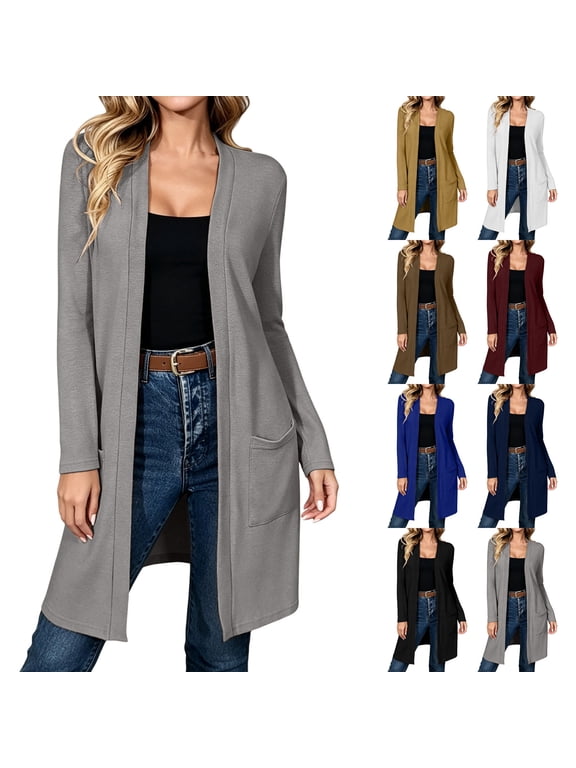 Lightweight Long Cardigans for Women Open Front Casual Fall Cardigan Soft Stretchy Draped Duster Jacket Trendy Going Out Maxi Cardigans with Pockets Navy S