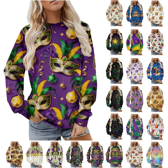 Feancey Lightweight Sweatshirt for Women Mardi Gras Long Sleeve Shirts Oversized Crewneck Pullover Tops Fancy Mask Graphic Sweatshirts Multicolor XXL