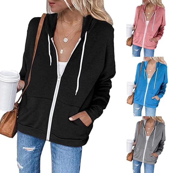 Feancey Lightweight Zipper Hoodies for Women Drawstring Long Sleeve Fashion Jackets Fall Casual Hooded Sweatshirt Jacket Thin Coats with Pockets Blue S