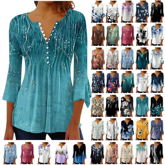 Feancey Limited Time Sales Floral Shirts for Women Trendy Button V Neck 3/4 Sleeve Tops Loose Fit Casual Pleated Tunic Blouse Dressy Elegant Boho Vacation Tshirts Multicolor L