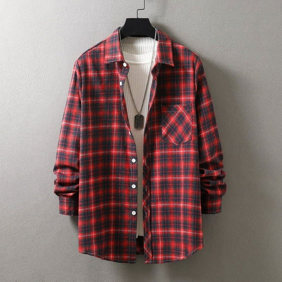 Feancey Limited Time Sales Today Men's Lightweight Shacket Button Down Casual Plaid Shirt Jackets for Men Fall Long Sleeve Fashion Flannel Shirts Office Work Jacket with Pocket Red XXL