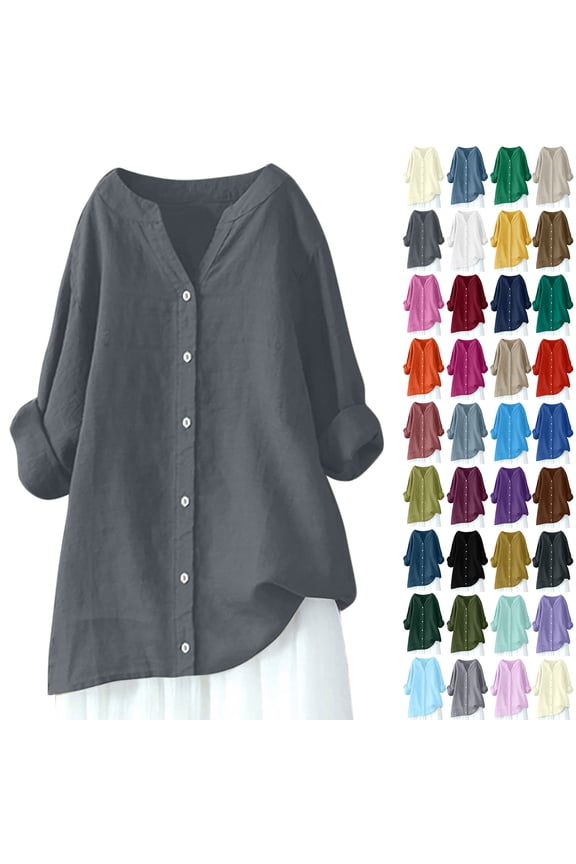Linen Button up Shirts for Women Oversized Plus Size Tops Summer Long Sleeve V Neck Dressy Blouses Business Casual Office Work Shirt Army Green 4XL