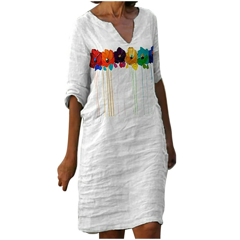 3/4 Sleeve Print Knee Length V Neck Shift Dresses 3/4 Sleeve Print Knee Length V Neck Shift Dresses