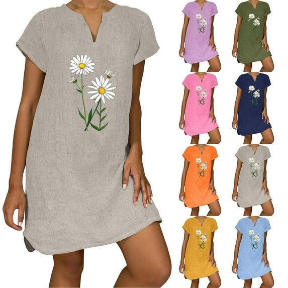 Feancey Linen Dress for Women Summer Short Sleeve Notch Neck Mini Dresses Loose Fit Casual Floral Printed Tshirt Dress Boho Beach Vacation Dresses Gray M