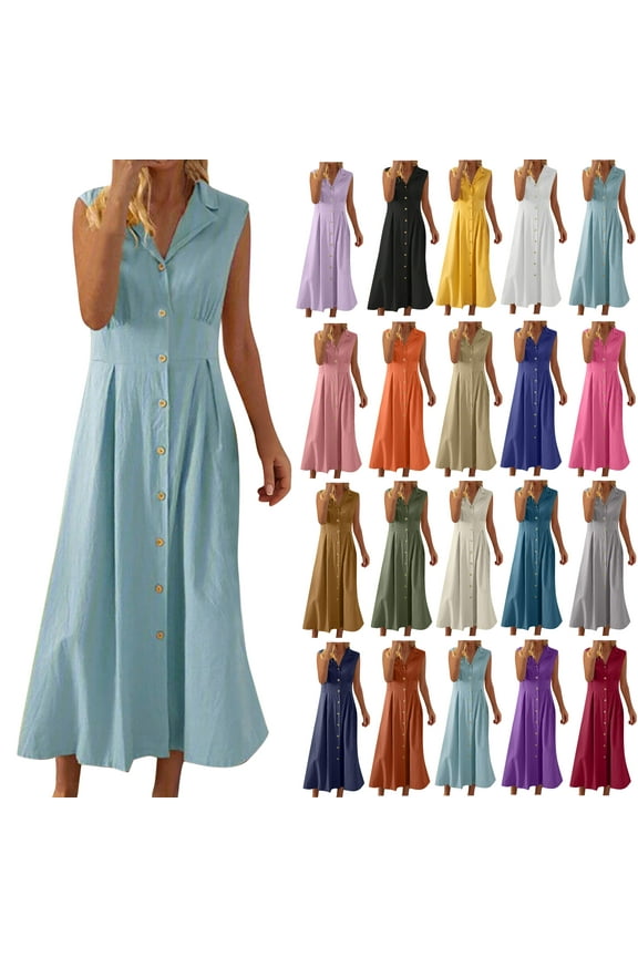 Summer Dresses for Women 2025 Cotton Linen Shirt Dress Sleeveless Casual Button Down Maxi Dresses Loose Fit Flowy Beach Sundress Purple 3XL