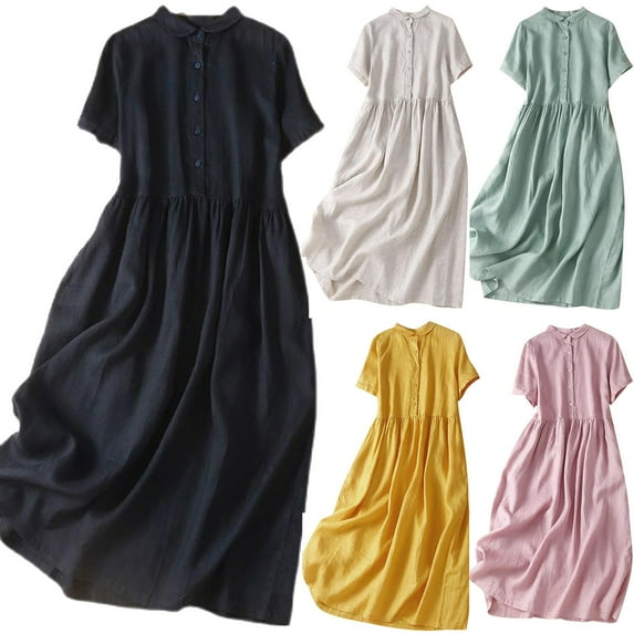 Feancey Linen Loose Dress Women Casual Maxi Dresses Summer Short Sleeve Lapel Button Long Dress High Waist Flowy Pleated Beach Vacation Dresses