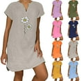 thumbnail image 1 of Feancey Linen Mini Dresses for Women 2025 Summer Short Sleeve V Neck T Shirt Dress Loose Fit Casual Dandelion Print Beach Dresses Yellow XXL, 1 of 6