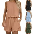 thumbnail image 1 of Feancey Linen Plus Size Sets for Women 2 Piece Vacation Outfits Summer Crop Tank Tops and Ruffle Shorts Lounge Set Solid Color Casual Travel Outfit Khaki S, 1 of 10