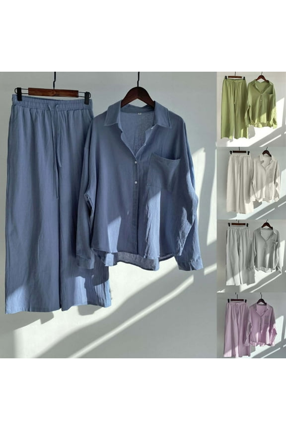 Linen Sets for Women 2 Piece Button Down Blouse Wide Leg Pants Matching Set Solid Casual Loose Two Piece Lounge Outfits Beige L