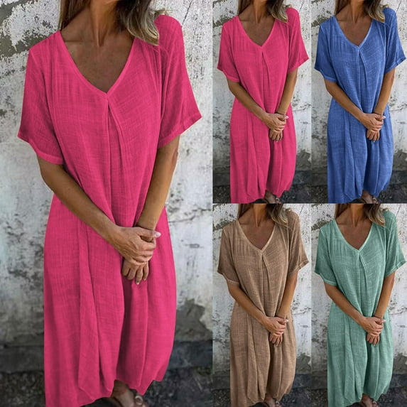Feancey Linen Shift Dress for Women Pleated V Neck Short Sleeve Midi Dresses Summer Casual Loose T-Shirt Dress Solid Vintage Beach Vacation Dresses Blue M