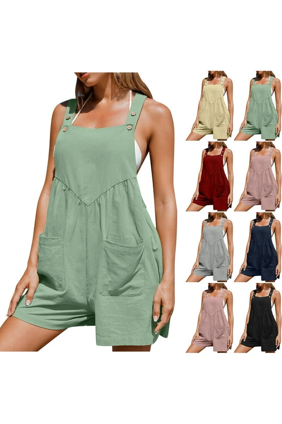 Linen Short Overalls for Women Button Sleeveless Jumpsuits Loose Fit Casual Wide Leg Romper Shorts with Pockets Gifts for Women Light Blue XXL