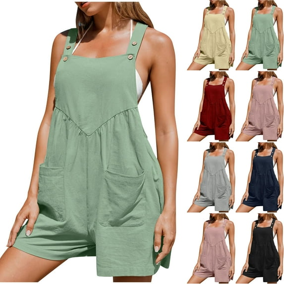 Feancey Linen Short Overalls for Women Button Sleeveless Jumpsuits Loose Fit Casual Wide Leg Romper Shorts with Pockets Summer Sales Navy L