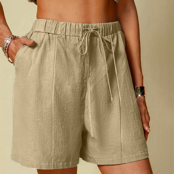 Feancey Linen Shorts for Women Elastic High Waist Drawstring Shorts Loose Fit Casual Summer Beach Shorts Solid Color Baggy Shorts with Pockets Khaki S