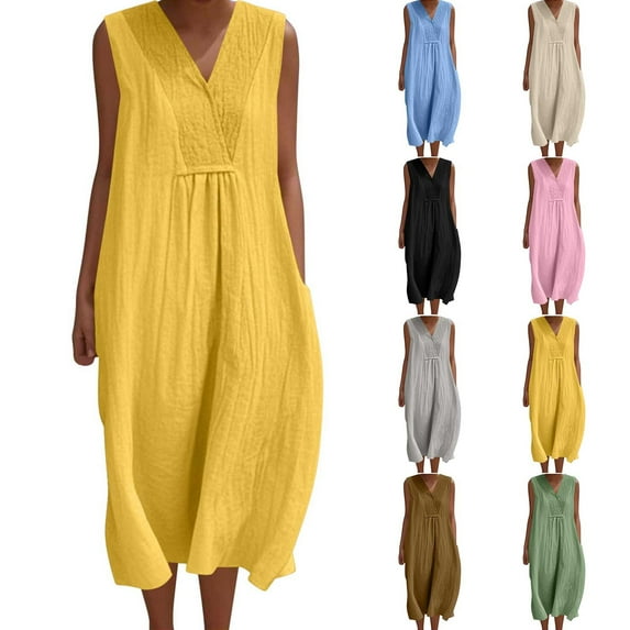 Feancey Linen Sundresses for Women V Neck Sleeveless Kaftan Dress Lightweight Gauze Beach Vacation Dresses Summer Casual Maxi Tank Dress with Pockets Yellow L