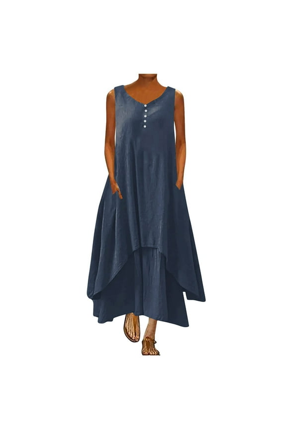 Linen Sundresses for Women 2025 Summer Fashion Layered Flowing Hem Long Dress Casual Short Sleeve V-Neck Beach Tank Dresses with Pockets