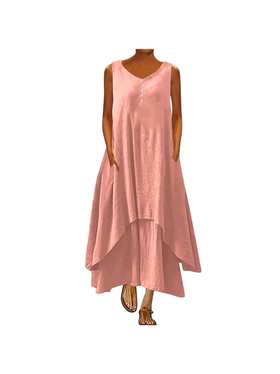 Linen Sundresses for Women 2025 Summer Fashion Layered Flowing Hem Long Dress Casual Short Sleeve V-Neck Beach Tank Dresses with Pockets