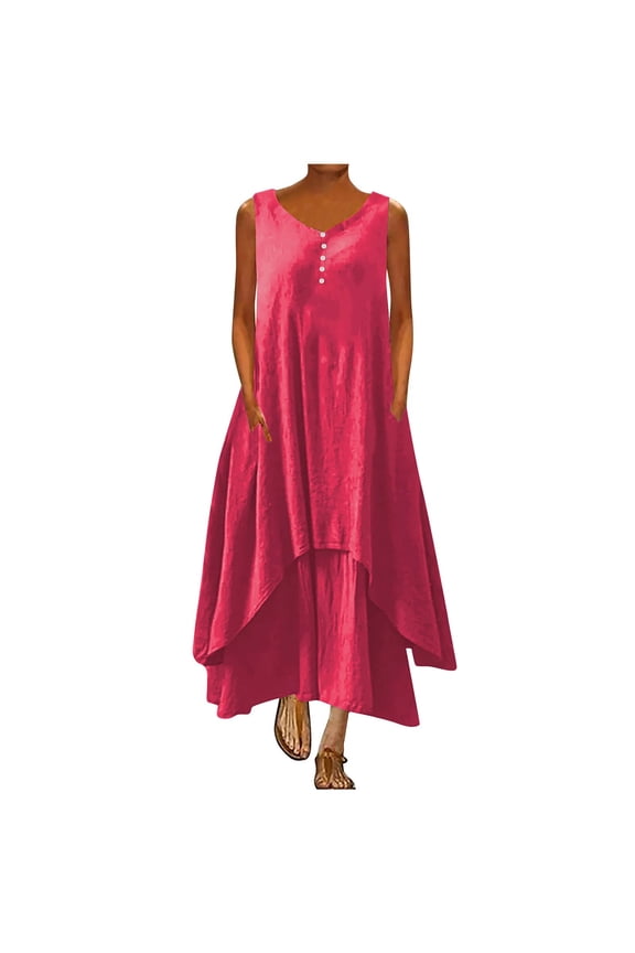 Linen Sundresses for Women 2025 Summer Fashion Layered Flowing Hem Long Dress Casual Short Sleeve V-Neck Beach Tank Dresses with Pockets