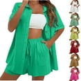 thumbnail image 1 of Feancey Linen Two Piece Set Women Casual Button Down Shirt and Drawstring Shorts 2 Piece Sets Solid Color Summer Outfits with Pockets Army Green S, 1 of 8