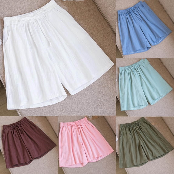 Feancey Linen Wide Leg Shorts for Women Drawstring Elastic Waist Summer Shorts Solid Color Loose Beach Shorts Casual Short Pants with Pockets Mint Green L