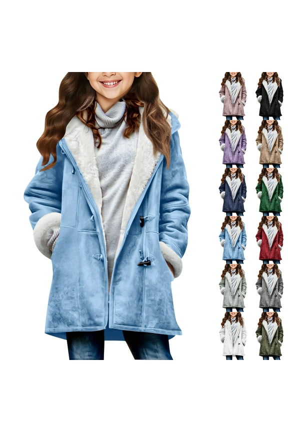 Little Girls Long Winter Coats Fleece Sherpa Lined Suede Jacket Horn Button Casual Hooded Coat Thicken Warm Peacoat with Pockets Purple 6 Years