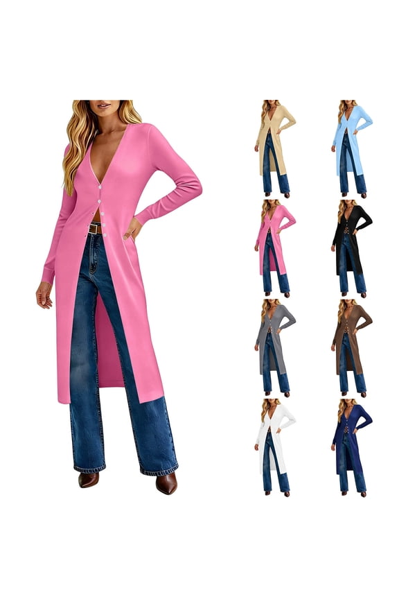 Long Cardigans for Women Lightweight Knit Dusters V Neck Button Up Sweaters Solid Color Fashion Jackets Elegant Office Work Jacket Black S