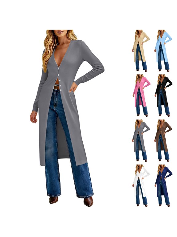 Long Cardigans for Women Lightweight Knit Dusters V Neck Button Up Sweaters Solid Color Fashion Jackets Elegant Office Work Jacket Gray XL