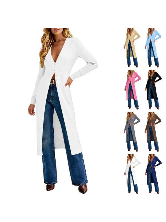 Long Cardigans for Women Lightweight Knit Dusters V Neck Button Up Sweaters Solid Color Fashion Jackets Elegant Office Work Jacket White S