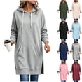 thumbnail image 1 of Feancey Long Hoodies for Women Side Split Casual Oversized Sweatshirts Loose Fit Drawstring Hooded Sweatshirt Solid Color Tunic Pullover Tops with Pocket Pink XL, 1 of 8